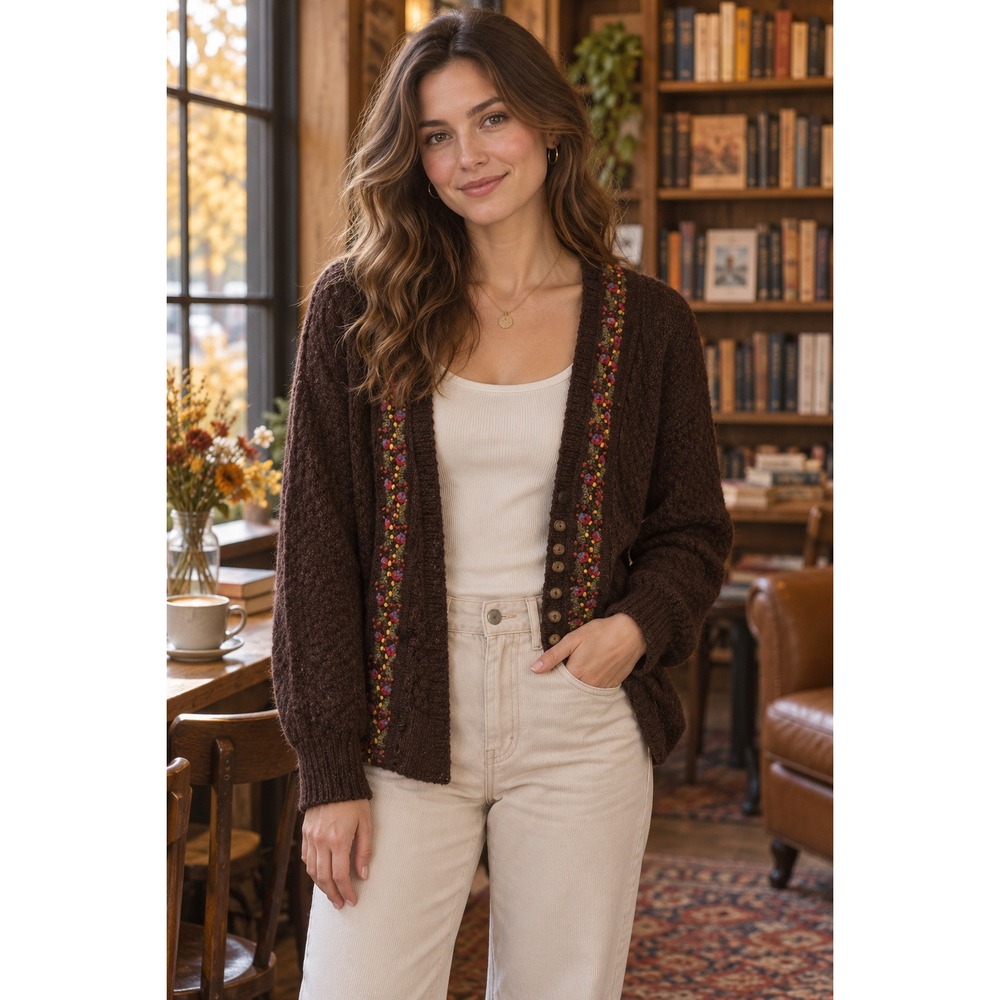 Susan Bristol Cardigan Women Medium Brown Wool Cottagecore Vintage 1989